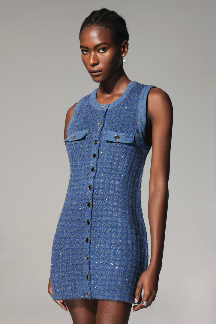 Kimivi Round Neck Sequin Tweed Mini Dress