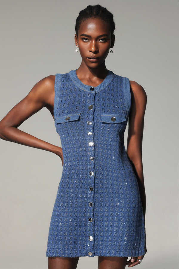 Kimivi Round Neck Sequin Tweed Mini Dress