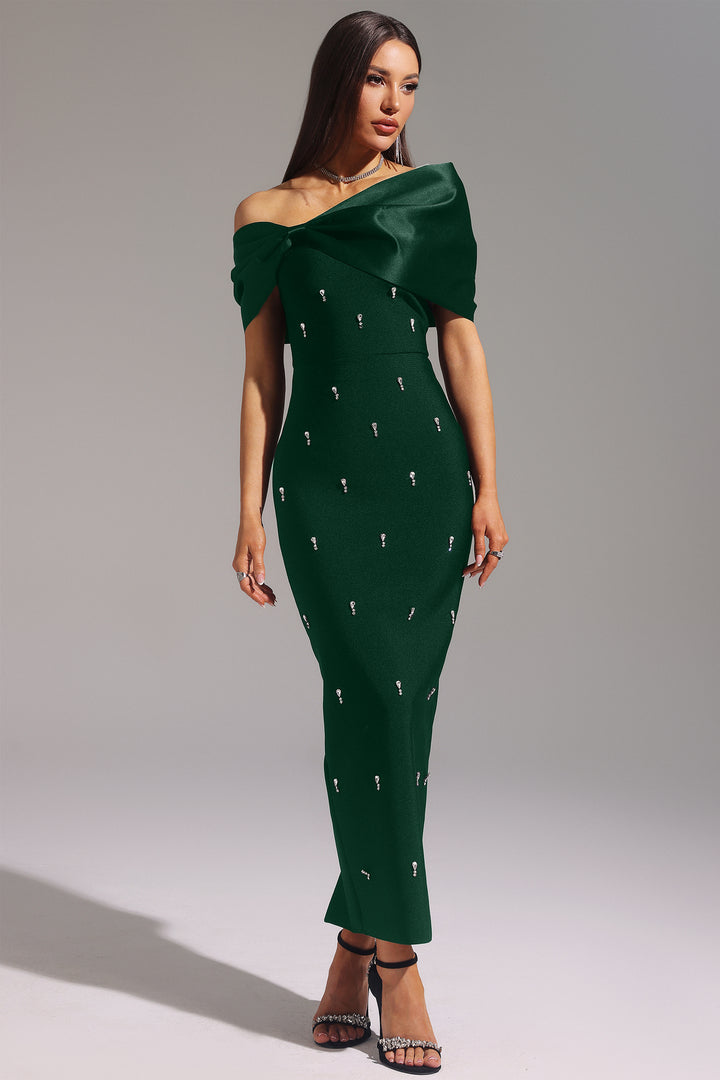 Palez Sleeveless One Shoulder Diamond Bow Bandage Maxi Dress