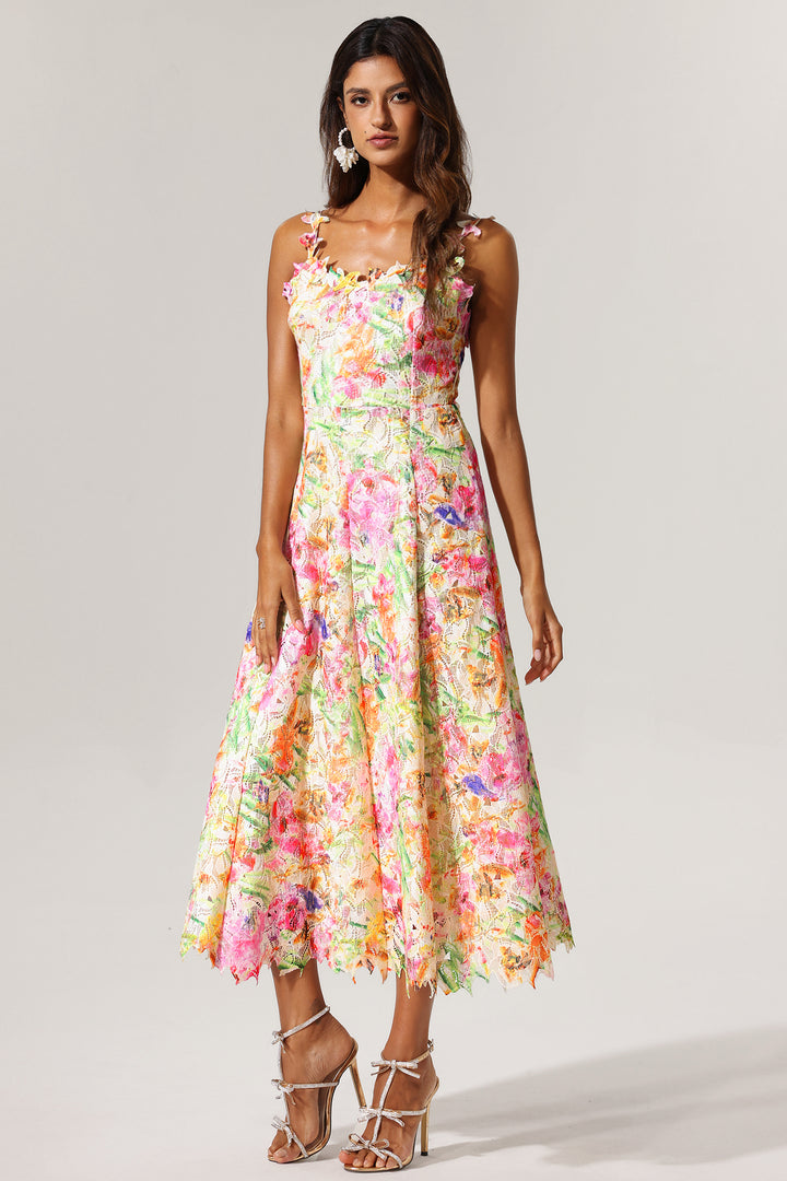 Renata Halter Floral Printed Lace Hollow Out Maxi Dress