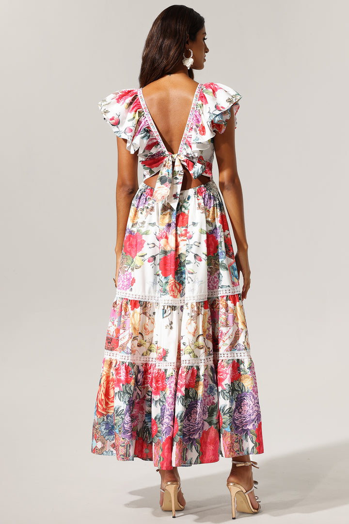 Violet Backless Ruffle Floral Printed Maxi Dress