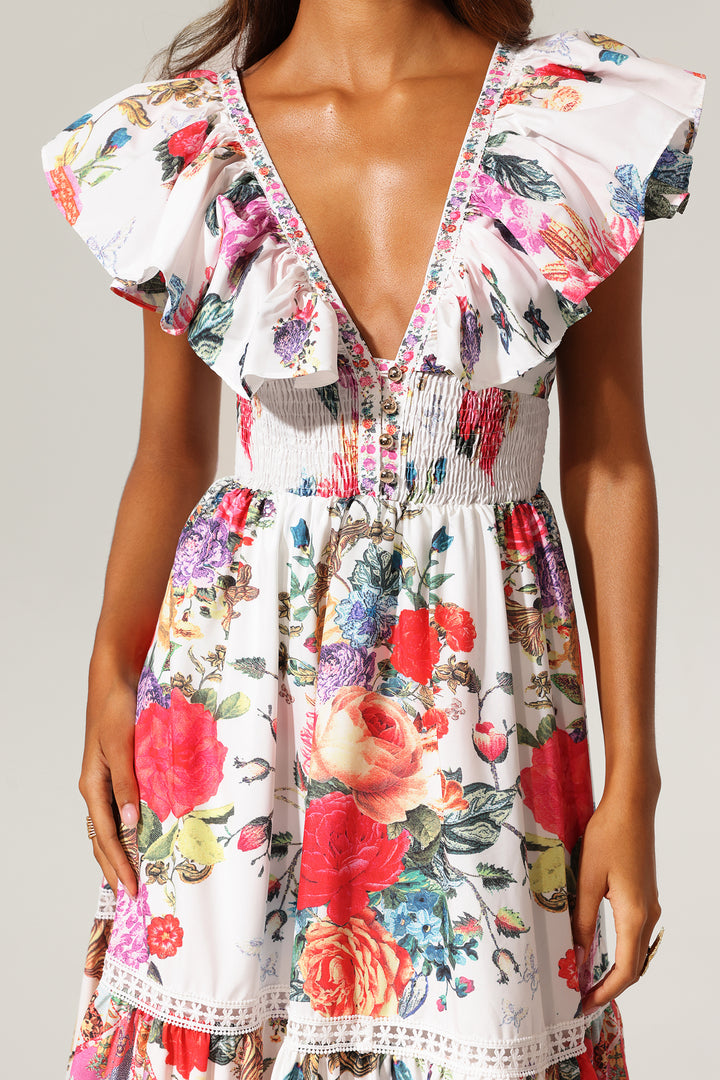 Violet Backless Ruffle Floral Printed Maxi Dress