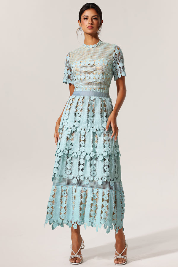 Hanava Short Sleeves Hollow Out Lace Maxi Dress