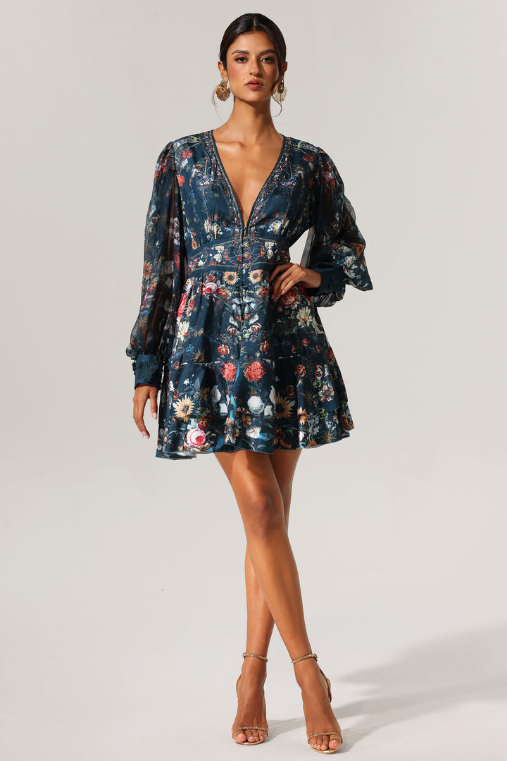 Lina V-Neck Floral Printed Long Sleeves Mini Dress