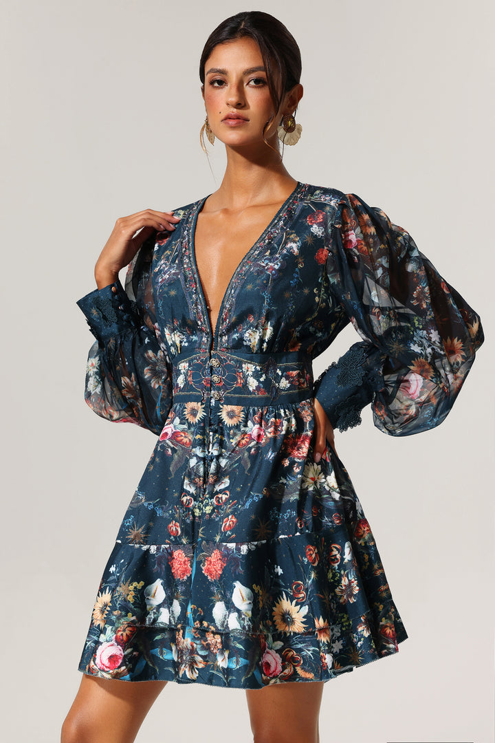 Lina V-Neck Floral Printed Long Sleeves Mini Dress