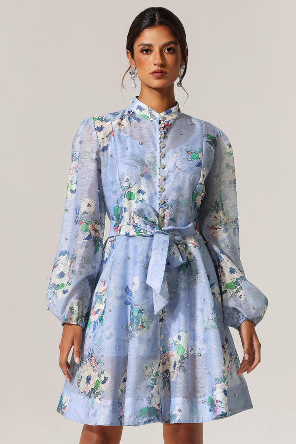 Riza Diamond Floral Printed Long Sleeves Mini Dress