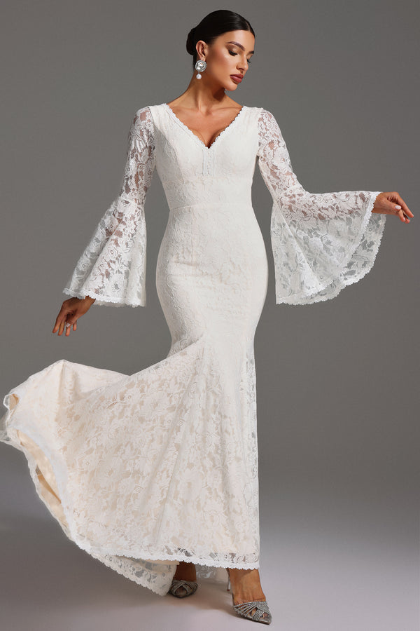 Izara V-Neck Long Sleeve Backless Lace Maxi Dress