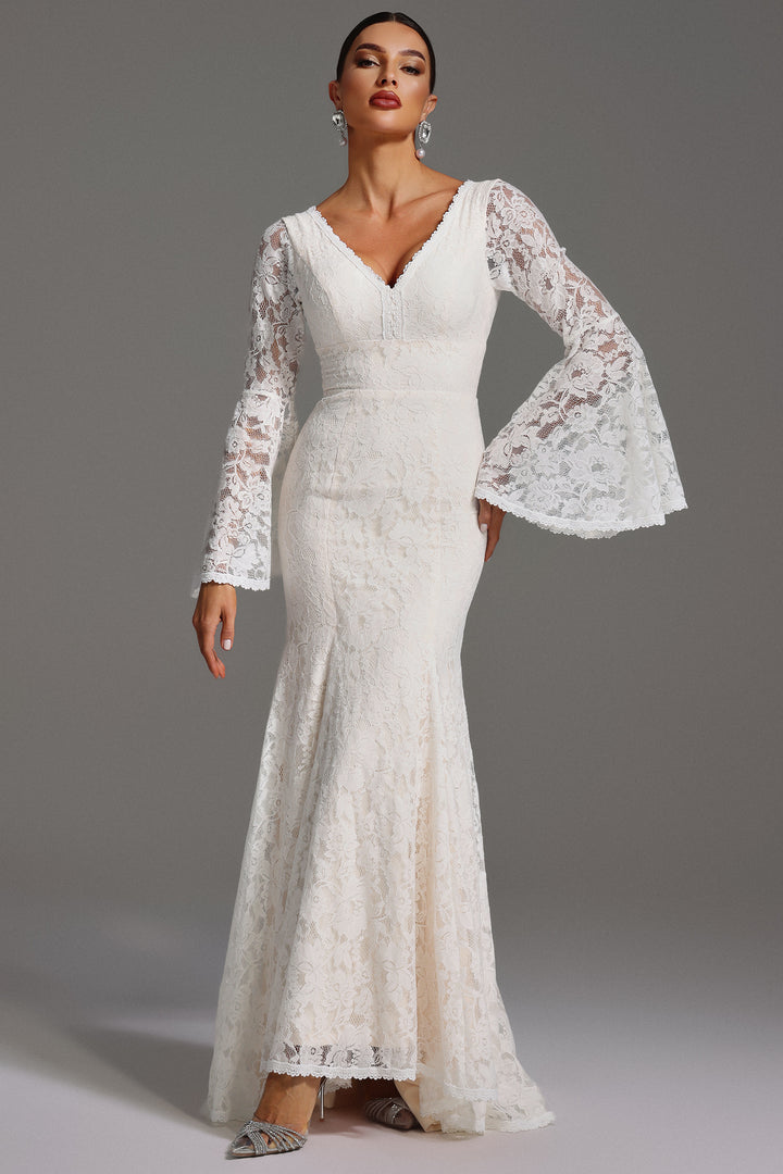 Izara V-Neck Long Sleeve Backless Lace Maxi Dress