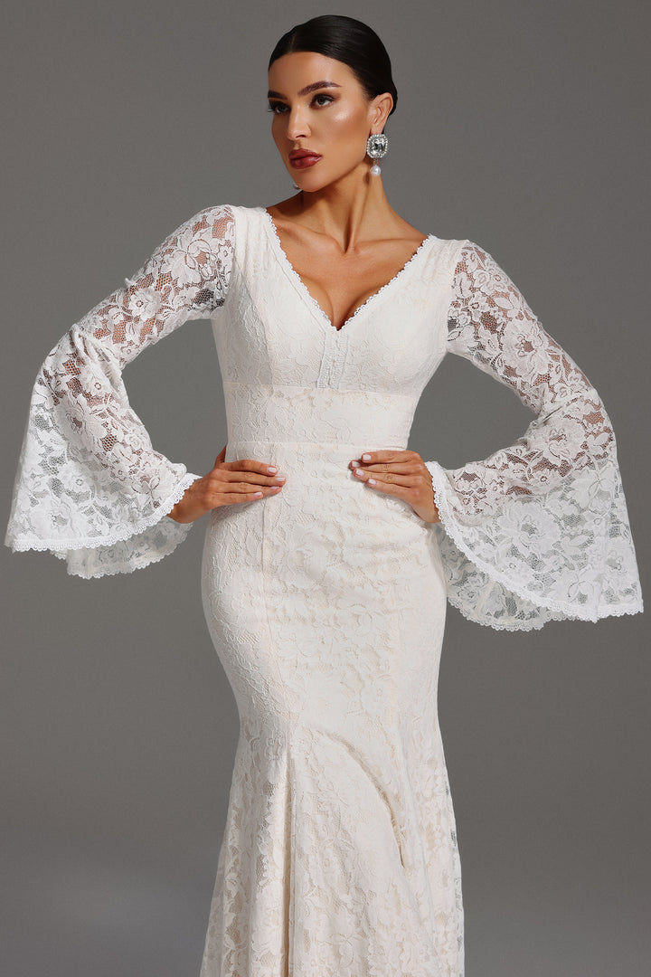 Izara V-Neck Long Sleeve Backless Lace Maxi Dress