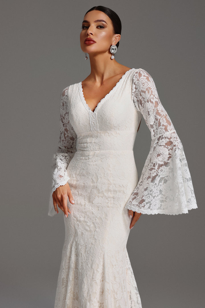 Izara V-Neck Long Sleeve Backless Lace Maxi Dress