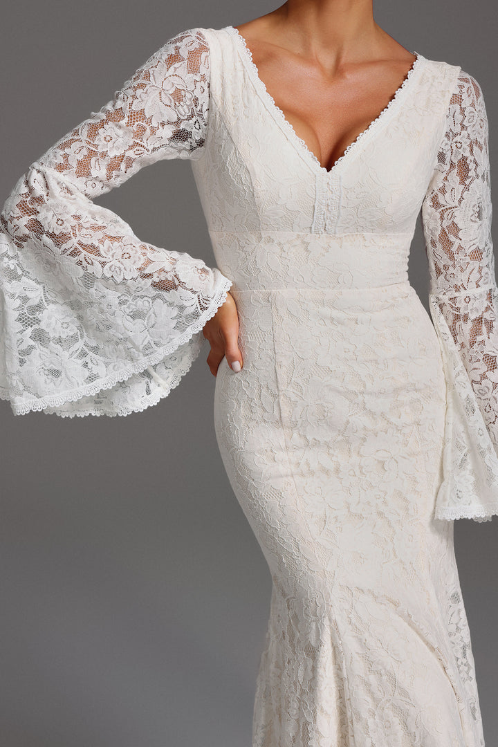 Izara V-Neck Long Sleeve Backless Lace Maxi Dress