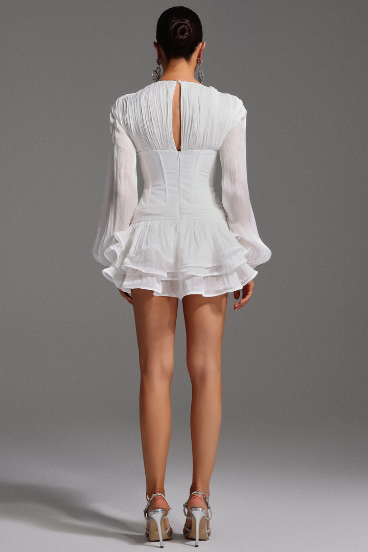 Gerasa Long Sleeve V-Neck Flowers Flounce Mini Dress