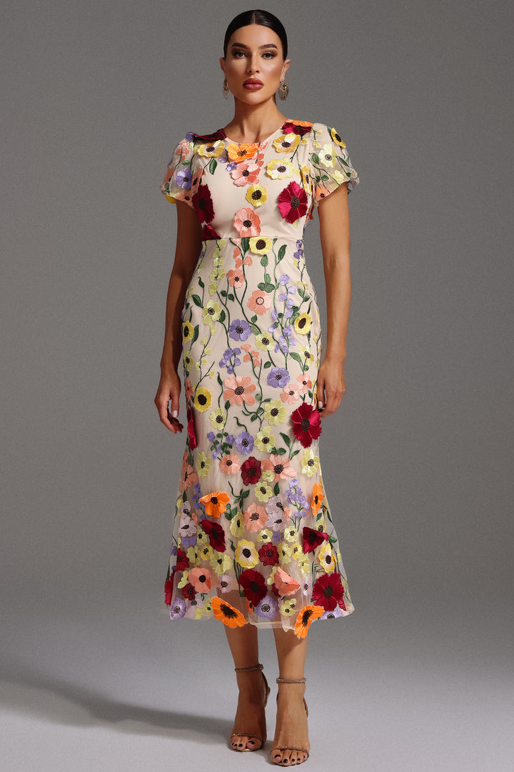 Naya Short Sleeve Round Neck Flowers Fishtail Maxi Dress