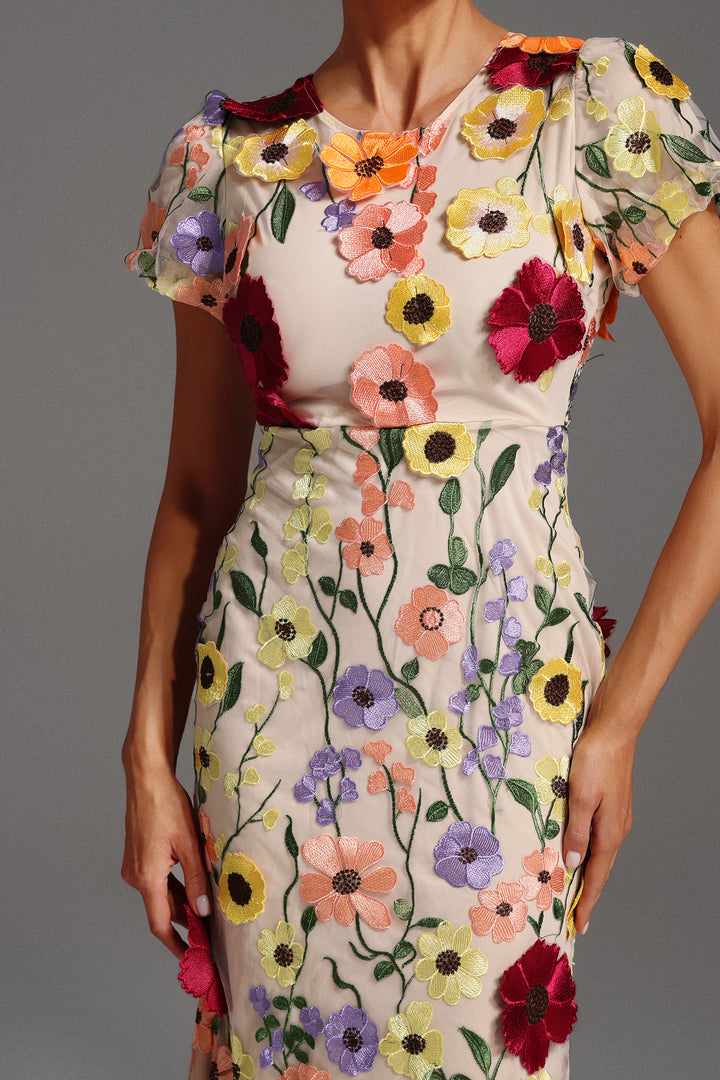 Naya Short Sleeve Round Neck Flowers Fishtail Maxi Dress