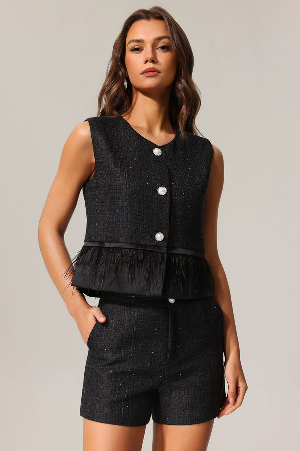Sebastian Sleeveless Sequin Feather Two-Piece Set