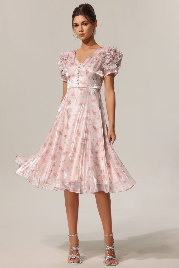 Francina Short Sleeves V-Neck Floral Printed Midi Dress