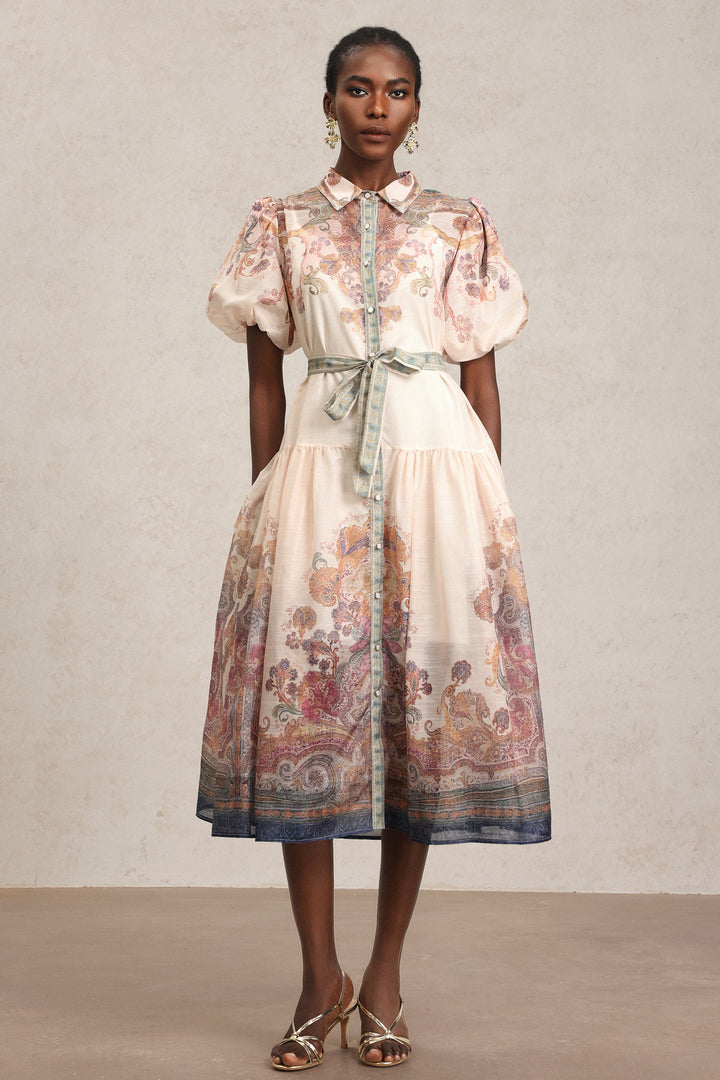 Tusare Lapel Floral Printed Midi Dress
