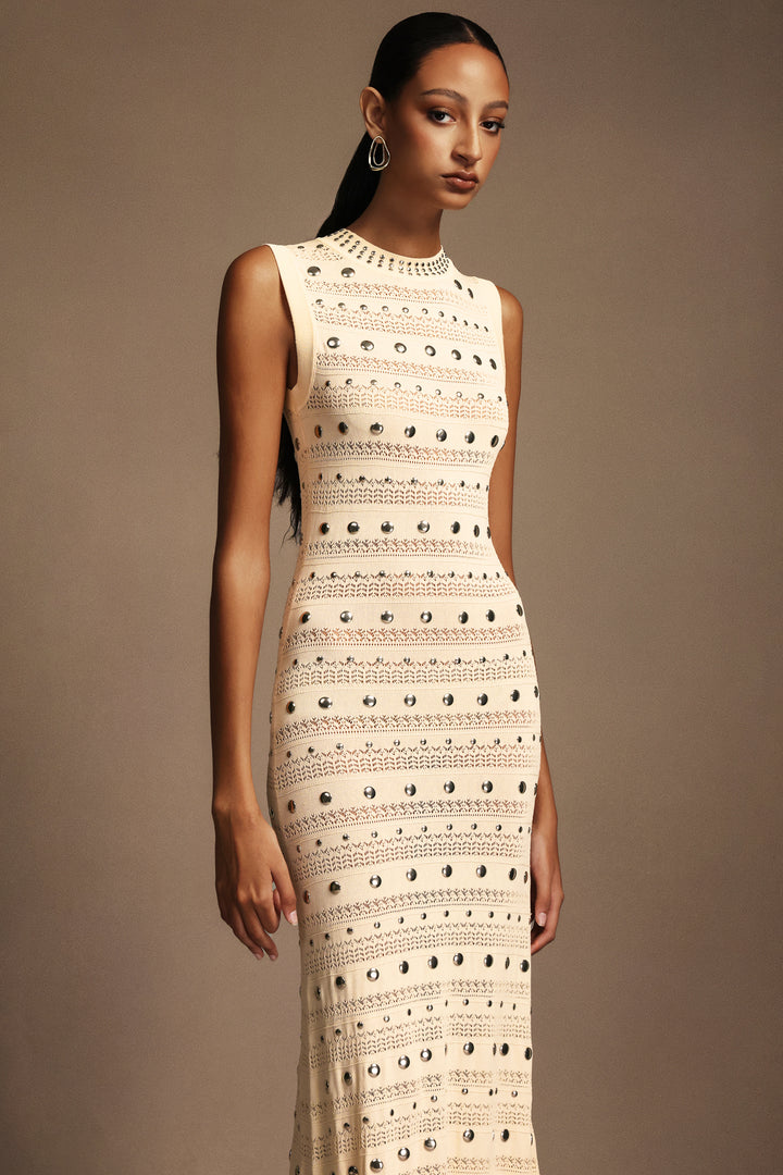 Verga Sleeveless Round Neck Rivet Folds Maxi Dress
