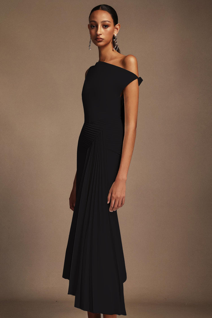 Juny Oblique Shoulder Sleeveless Folds Midi Dress