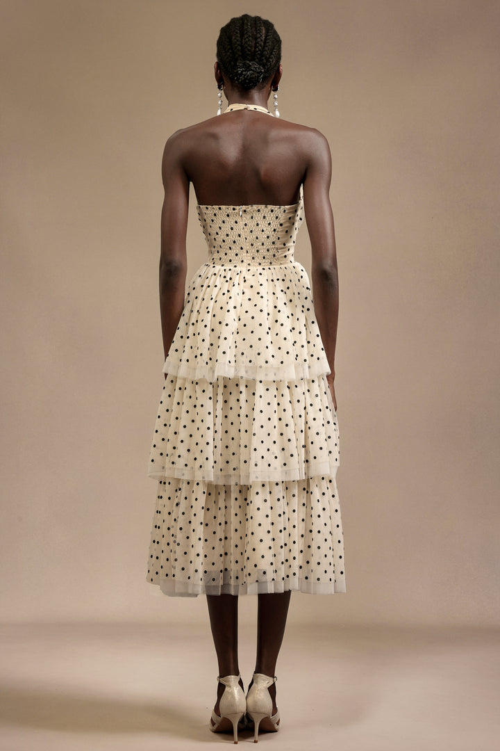 Julieta Sleeveless Dot Printed Layered Folds Midi Dress