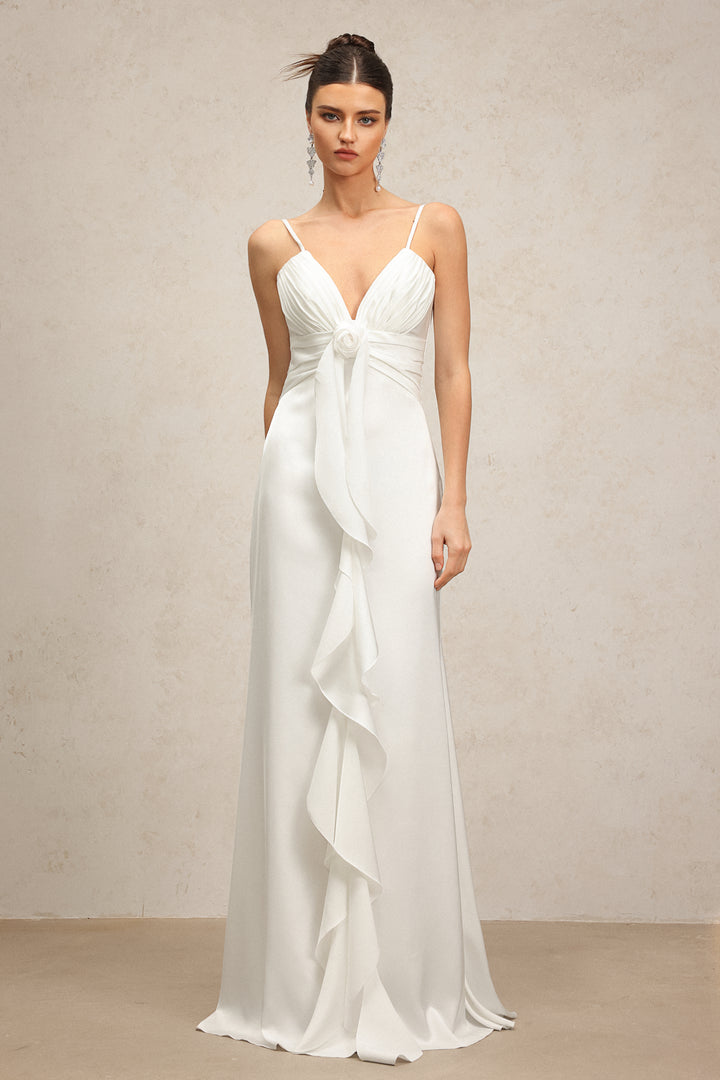 Yvonne Sleeveless V-Neck Flowers Flounce Maxi Dress