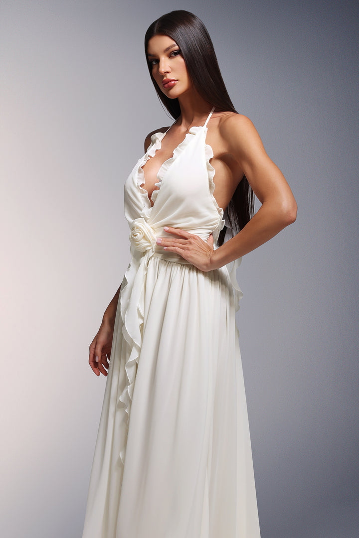 Ivy High Slit Deep-V Halter Flowers Maxi Dress