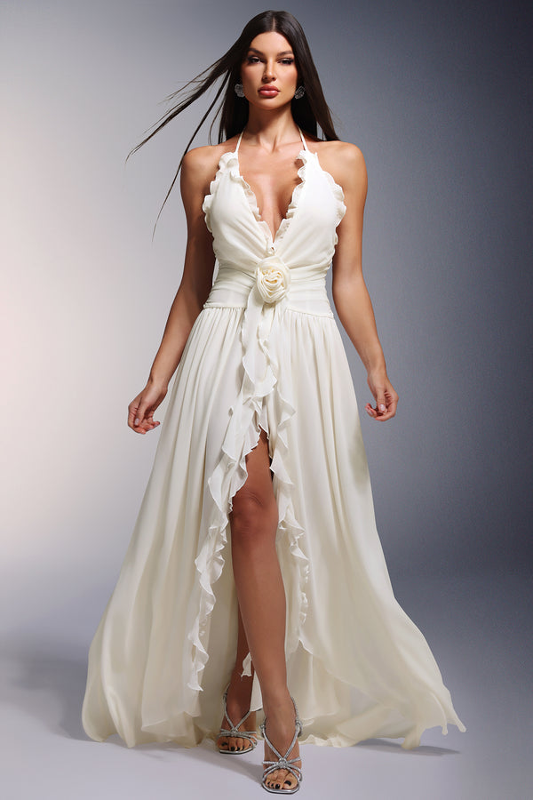 Ivy High Slit Deep-V Halter Flowers Maxi Dress