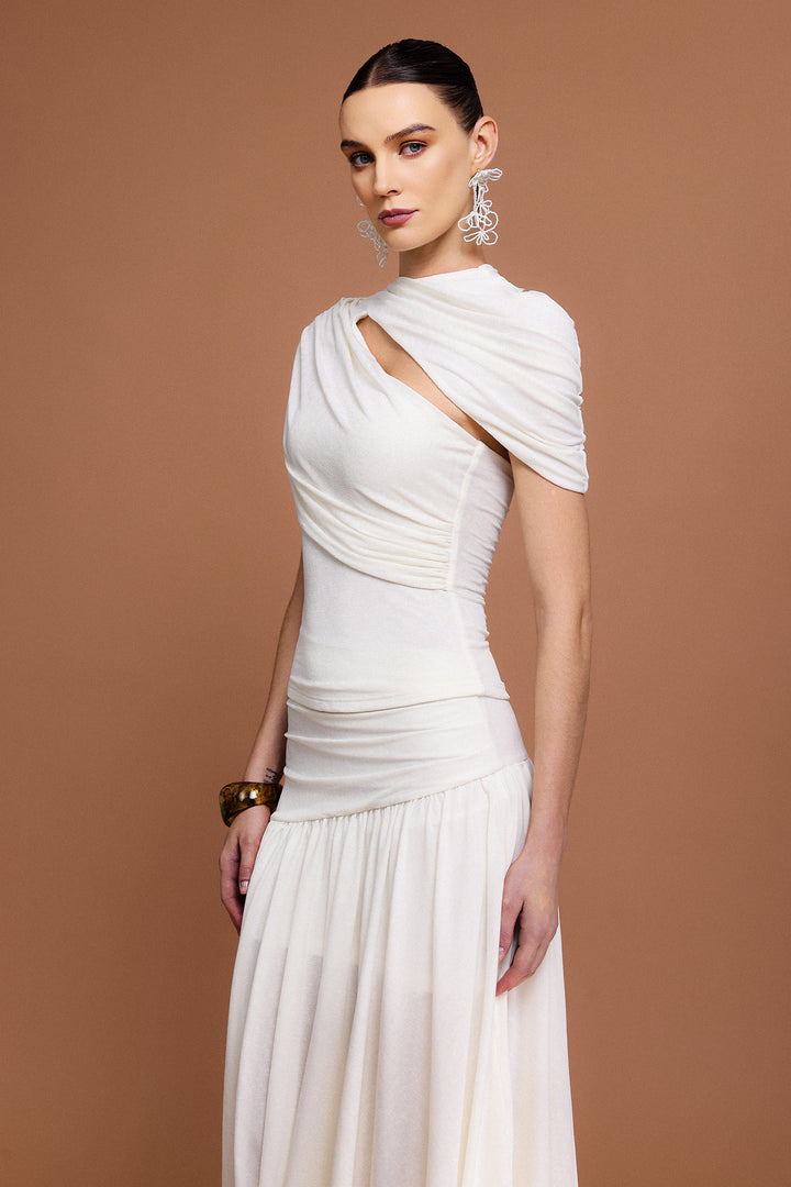 Fresco Short Sleeves Asymmetric Folds Top And Skirt Two-Piece Set