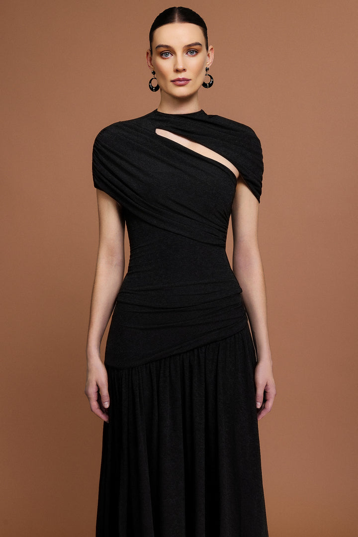 Gaki Short Sleeves Asymmetric Folds Top And Skirt Two-Piece Set