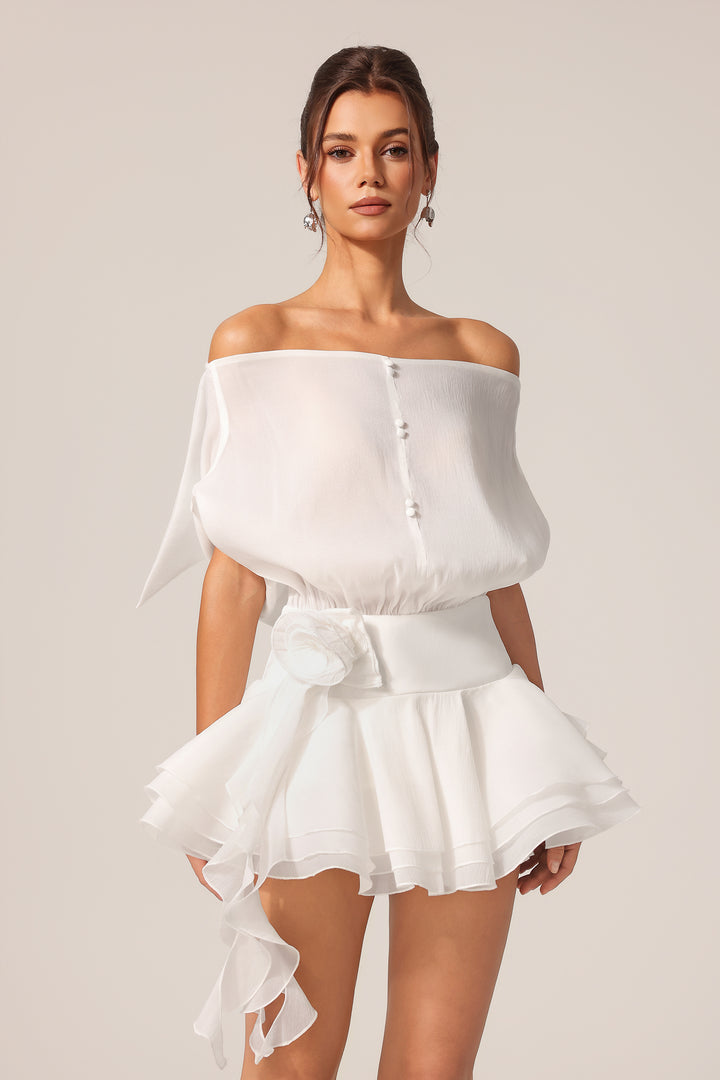 Kattin Off-The-Shoulder Flowers Mini Dress
