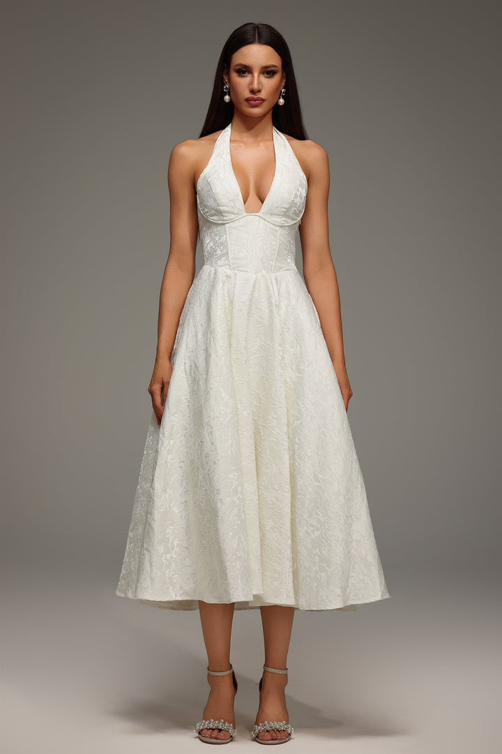 Rinaka Sleeveless Halter Jacquard W eaving Midi Dress