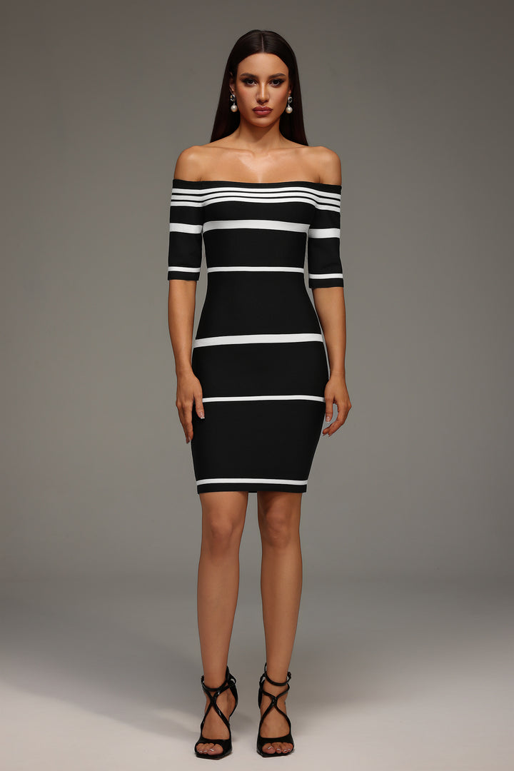 Mirelle Off The Shoulder Stripes Bandage Mini Dress