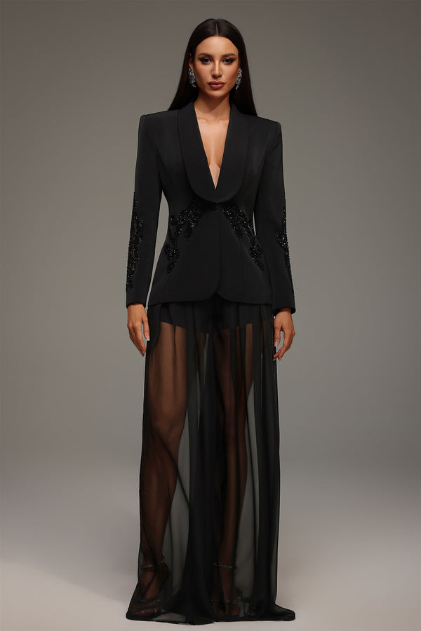 Demri Long Sleeves V-Neck Hollow Out Sequins Maxi Two Piece Set