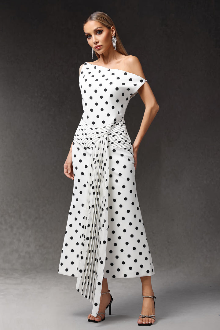Hutuny Polka Dot One Shoulder Fold Maxi Dress