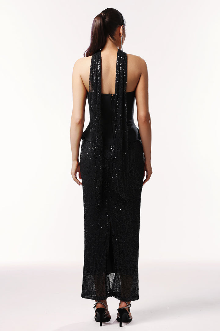 Kale Sleeveless Ribbon Sequins Bandage Maxi Two-Piece Set