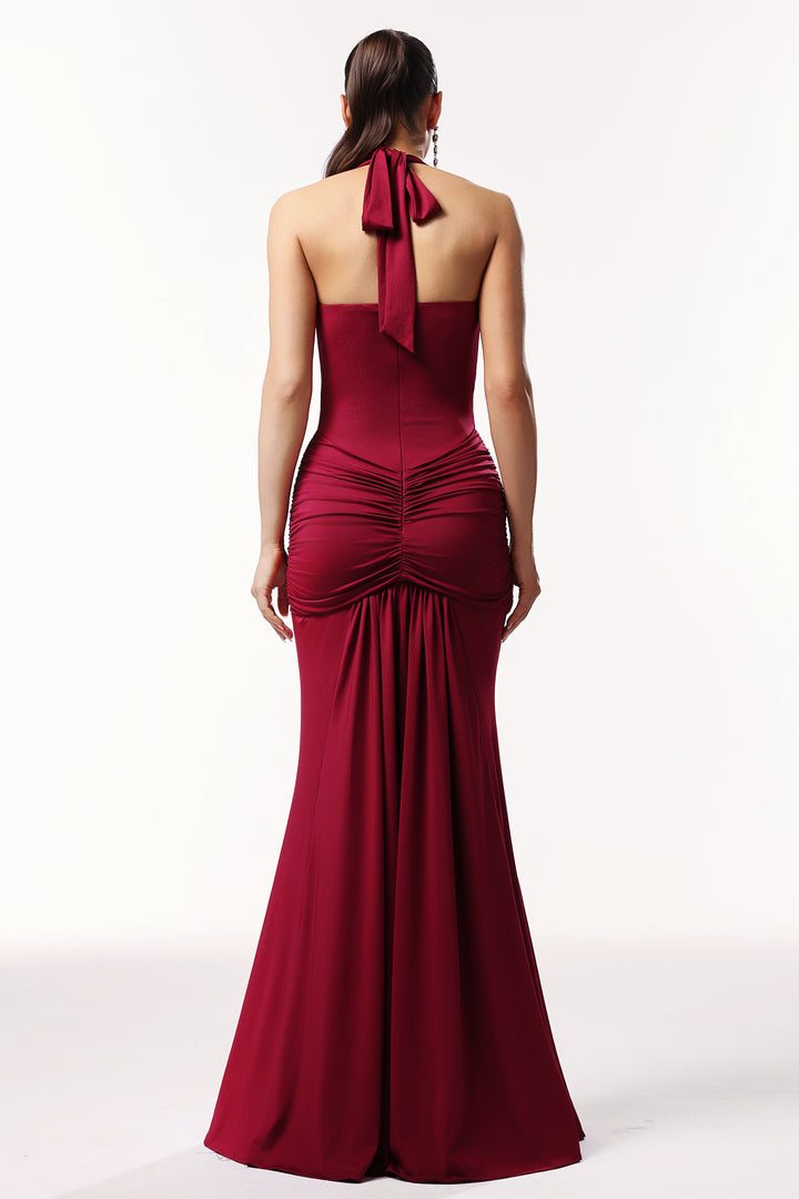 Elsie Halter Sleeveless V-Neck Wrinkles Maxi Dress