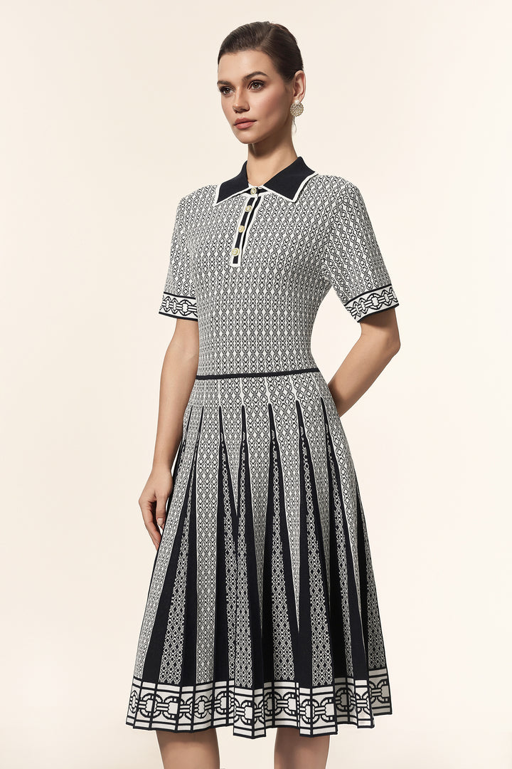 Reye Lapel Short Sleeves Jacquard Folds Mini Dress