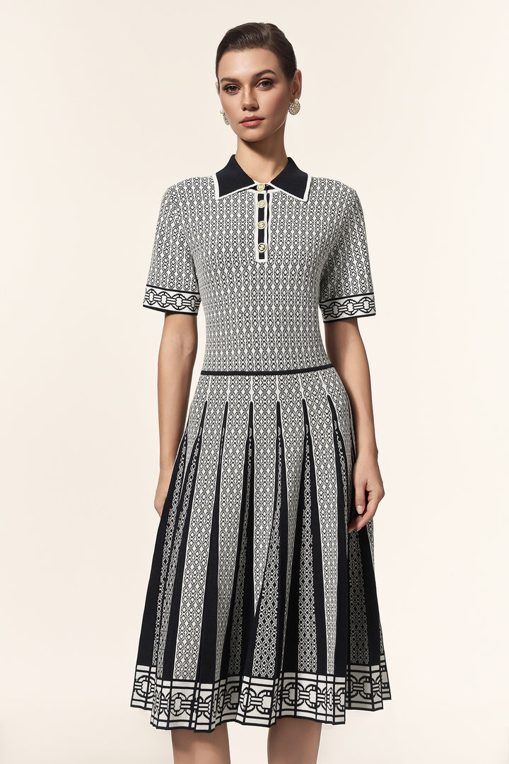 Reye Lapel Short Sleeves Jacquard Folds Mini Dress