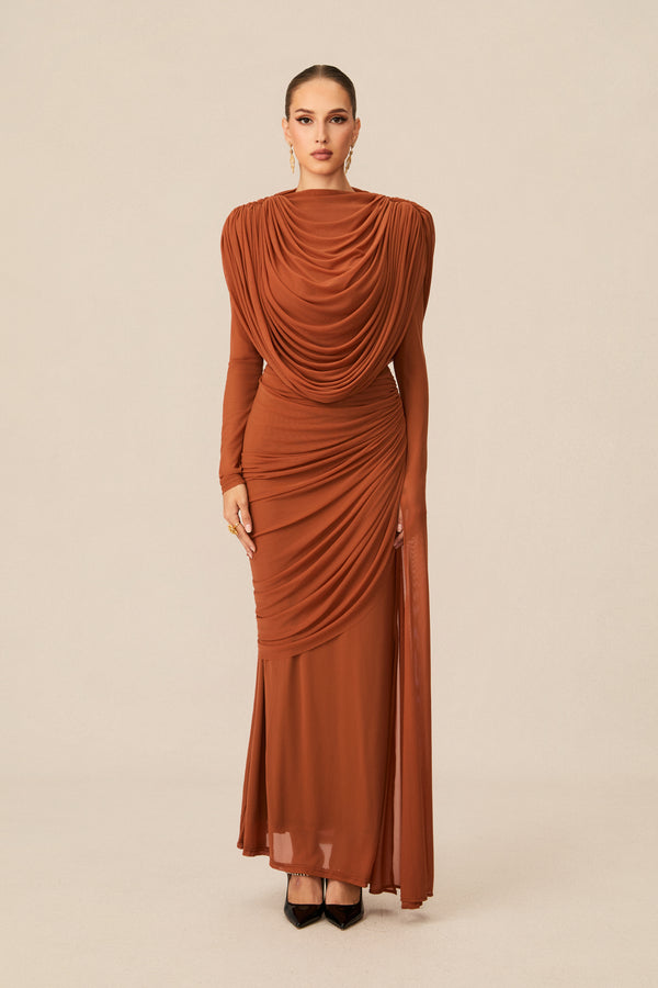 Katrina Cowl Neck Long Sleeve Maxi Dress-Brown