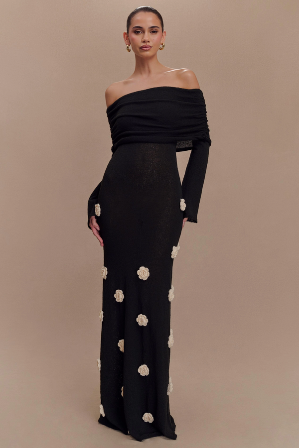 Long Sleeve Knitted 3D Floral Maxi Dress