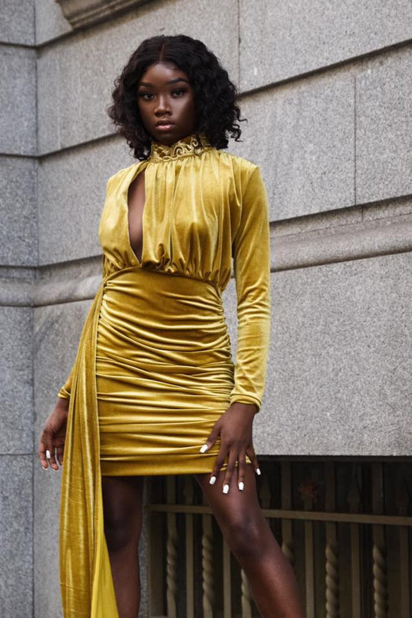 Brinley Blue Velvet Drape Dress - Gold