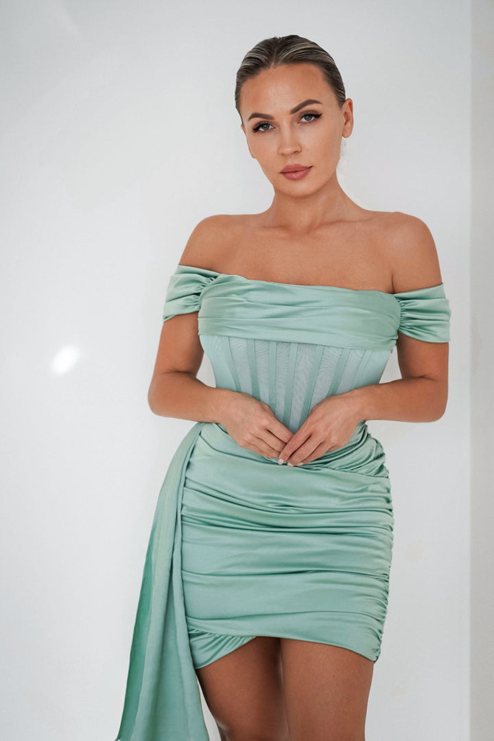 Off Shoulder Drape Corset Mini Dress