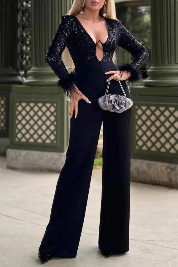 Kivi Feather Sequins Jumpsuit - Black
