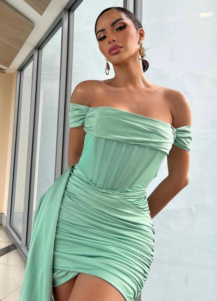 Satin Off Shoulder Corset Mini Dress - Bellabarnett