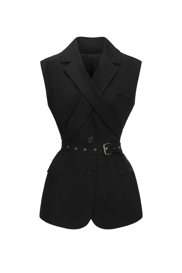 Hedar Lapel Sleeveless Top Coat
