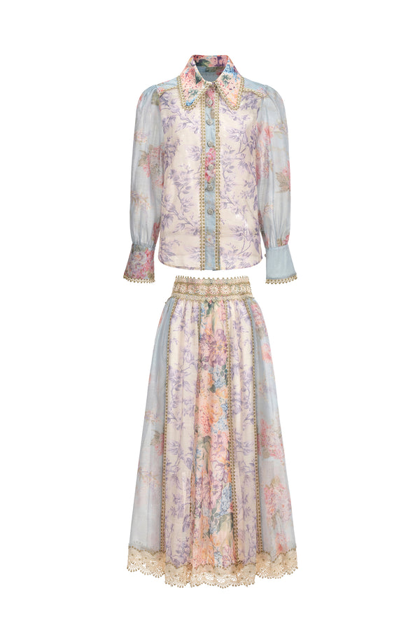 Ruby Long Sleeve Floral Printed Lace Top And Skirt Two-Piece Set