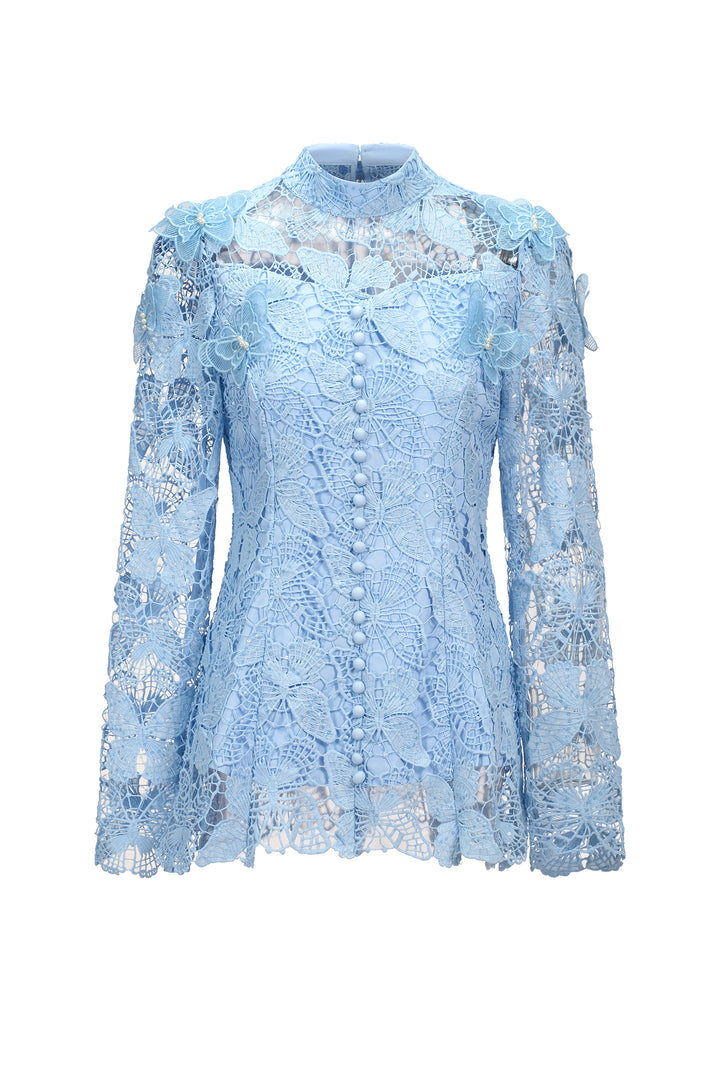 Sabina Long Sleeve Folds Lace Butterfly Top And Skirt Two-Piece Set