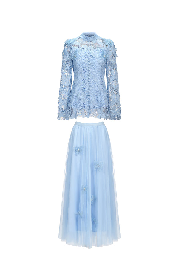 Sabina Long Sleeve Folds Lace Butterfly Top And Skirt Two-Piece Set