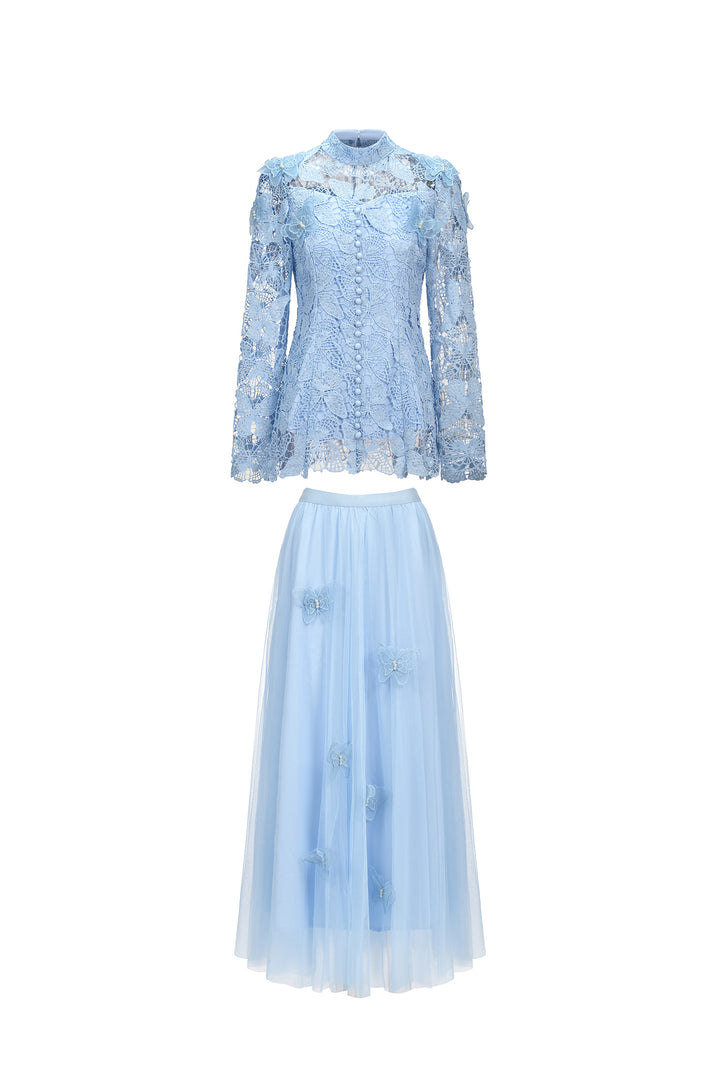 Sabina Long Sleeve Folds Lace Butterfly Top And Skirt Two-Piece Set