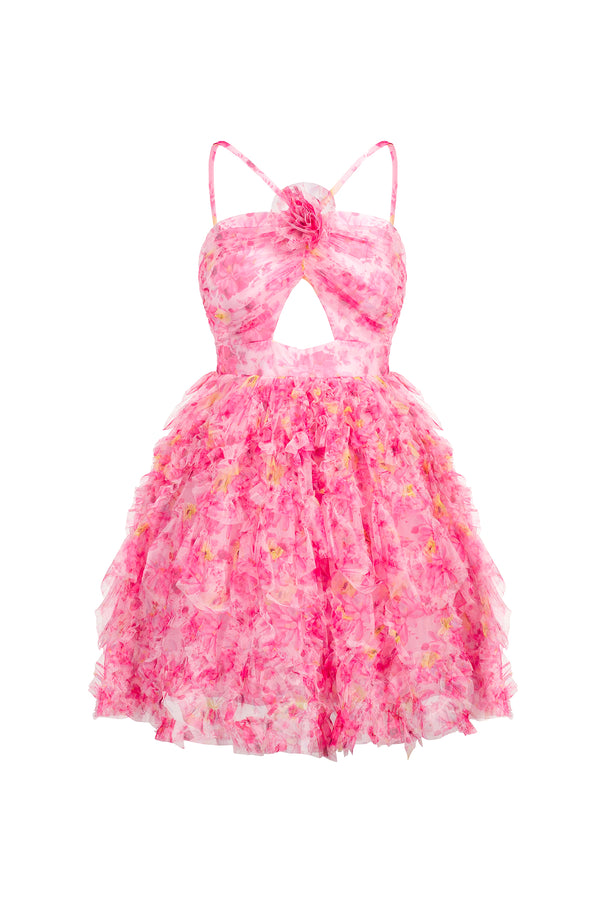 Daware Sleeveless Flower Printed Hollow Out Folds Mini Dress